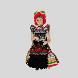 Vintage Hungarian Matyo Doll Wearing National Costume, 13" Embroidered Folk Art